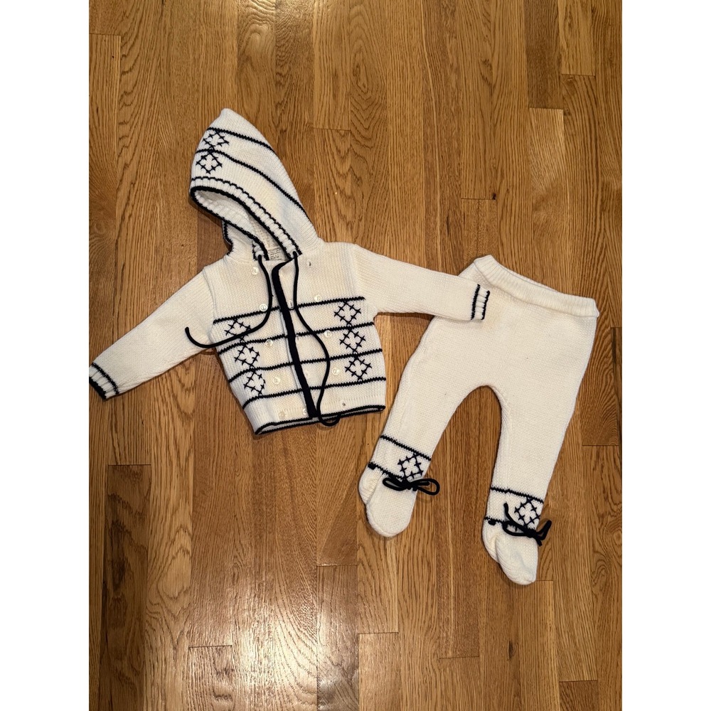 Vintage Knit Sweater Set Kids 0-9‎ Months White Navy Blue Hooded Cardigan Pants